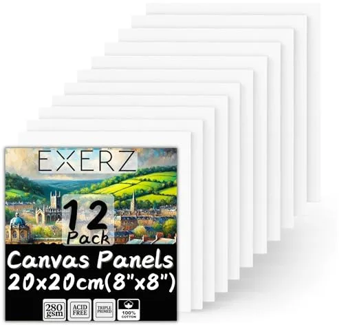 Exerz 20x20cm Paneles de Lienzos 12 piezas para pintar cuadros 280GSM / 0,3 cm de Espesor 100% Algodón/Blanco/Triple Preparado/Libre de Acido/Hebra Media - acrílicos & óleo