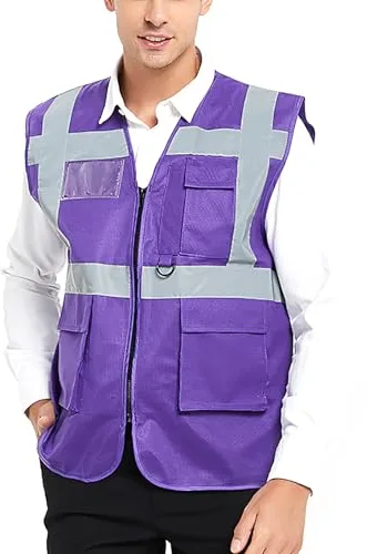 GOGO Chaleco de Seguridad de Alta Visibilidad con 5 Bolsillos y Byas Reflectantes, Chaleco de Trabajo, Púrpura, XL