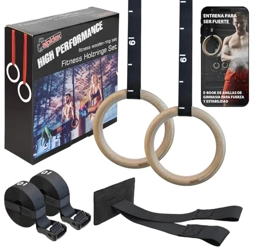 ALPIDEX Anillas de Gimnasia de Madera – Aros para Ejercicio con Anclaje de Puerta y Correas con Marcas de Longitud | con e-Book