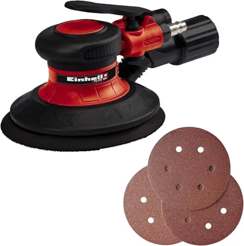 Einhell Lijadora excéntrica de aire comprimido, diámetro del disco de lija de 150 mm, palanca de ajuste continuo, incluye 6 papeles de lija, boquilla y llave dinamométrica, Color Rojo/Negro