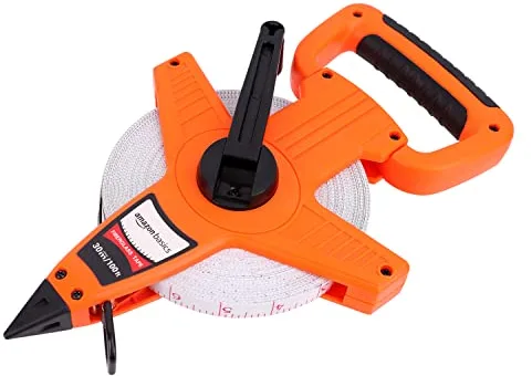 Amazon Basics Cinta métrica de fibra de vidrio de carrete abierto, 30 m, escalas métricas y en pulgadas, cubierta resistente a los golpes, Naranja