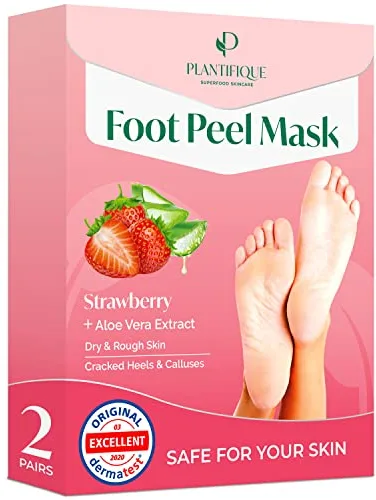 PLANTIFIQUE Mascarilla Exfoliante Pies con Fresa - 2 Pares de Calcetines de Peeling - Cuidado Pies, Elimina Durezas y Callos - Foot Mask