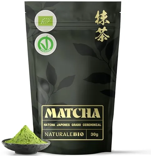 NaturaleBio Té Matcha Ceremonial, 30g. Ecológico, Sin Azúcares Añadidos, ni Convervantes. Producido en Uji, Japón. Té Verde Matcha en Polvo. Para Beber Solo, en Latte o en Recetas.