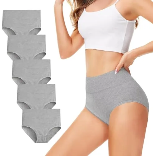 TUUHAW Braguita de Talle Alto Algodón para Mujer Pack de 5 Culotte Bragas de Cintura Alta Cómodo Talla Gris L