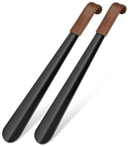 ZOMAKE Calzador de Acero Inoxidable Largo 42CM - Metalico Calzadores Largos,Mango de Cuero Para Mujeres Embarazadas y Personas de La Tercera Edad(2 Piezas Negras)