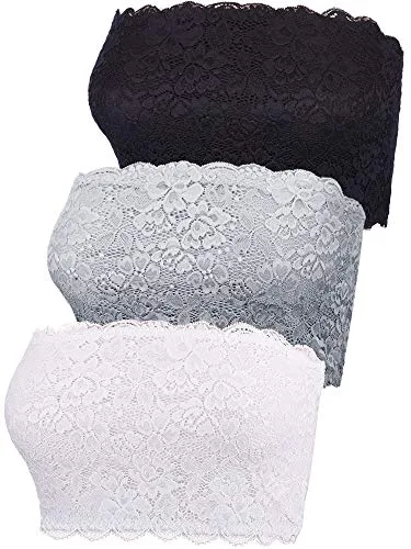 Tubo de Encaje Floral para Mujeres de 3 Piezas Sujetador Superior Sujetador Sin Tirantes Bandeau Abrigo Elástico Sin Costuras en El Pecho (Conjunto de Colores 3, Grande)