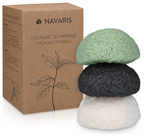 Navaris Set de 3x esponja de limpieza facial Konjac - Esponjas exfoliantes para todo tipo de piel - 100% natural vegana biodegradable y reutilizable