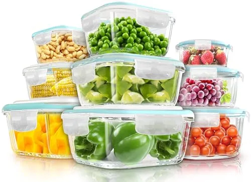 KICHLY - Recipientes De Vidrio Para Alimentos - Paquete De 9 Recipientes Herméticos Para Alimentos Con Tapas Transparentes - Aptos Para Lavavajillas Y Microondas, Sin BPA