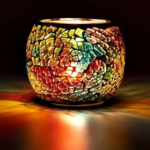 Larcenciel Portavelas de cristal de mosaico, portavelas de té, jarrón, soporte para bolígrafos, romántico, hecho a mano, de cristal roto para velas, para decoración del hogar, boda, fiesta (colorido)