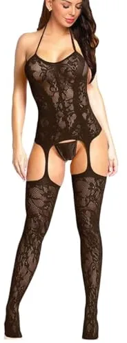 Buitifo Body de malla para mujer, talla grande, sin entrepierna, sexy, ropa de dormir suave, lencería para mujer(Negro GB,Talla única)