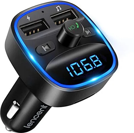 LENCENT Transmisor FM Bluetooth para Coche, Manos Libres Inalámbrico Reproductor MP3 Coche, Adaptador de Radio con Dual USB 5V/2.4A & 1A, Soporte Tarjetas SD, USB y Flash Drive