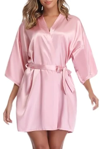 Vlazom Bata Mujer Verano Corto y Sexy, Kimono Mujer Vestir de Satén de Manga 3/4, Batas Novia Boda de Seda con Cinturón,M,Rosado