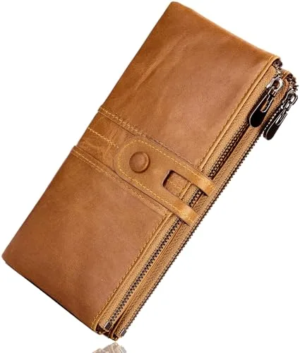 Roulens Cartera de Piel con Cremallera para Mujer con RFID Bloqueo, Cartera de Mujer de Gran Capacidad de Cuero Genuino de Mujer