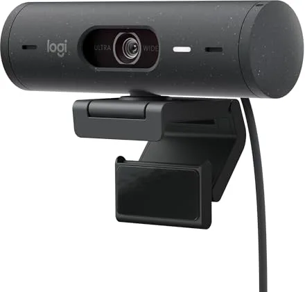 Logitech Brio 500 HD Webcam Ajuste Luz, Modo Visualización, Mics Duales con Reducción Ruido, Cubierta Privacidad Cámara Web, Admite MS Teams, Google Meet, Zoom, Cable USB-C, Webcam Streaming - Grafito