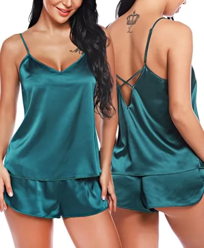 RSLOVE Mujeres Cuello en V Satén Lencería Pijama Conjunto Sexy Cami y Pantalones Cortos Conjunto Ropa de Noche Verde L