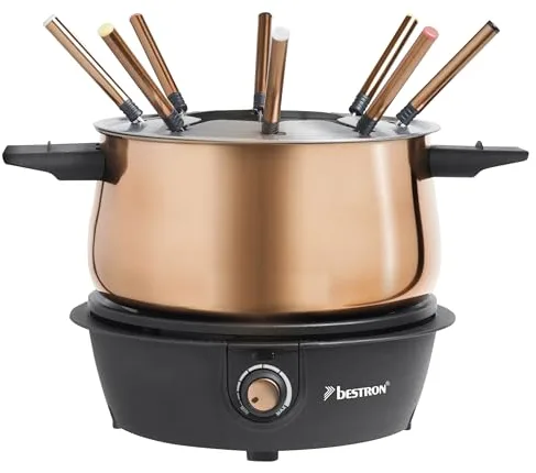 Bestron Fondue, Fondue electrica para hasta 8 personas, con 8 tenedores de fondue y termostato continuo, incl. protector contra salpicaduras, color: cobre