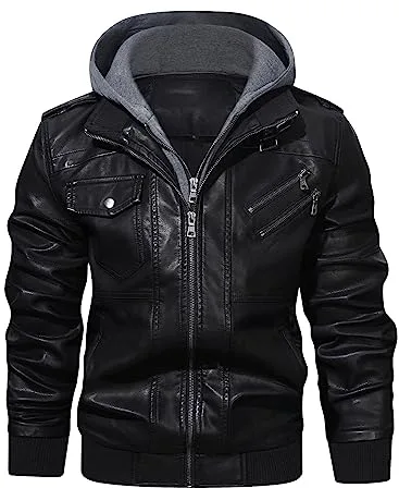 HOOD CREW Chaqueta bomber informal de piel sintética con cremallera y cuello alto para hombre con capucha extraíble, Negro -, Small