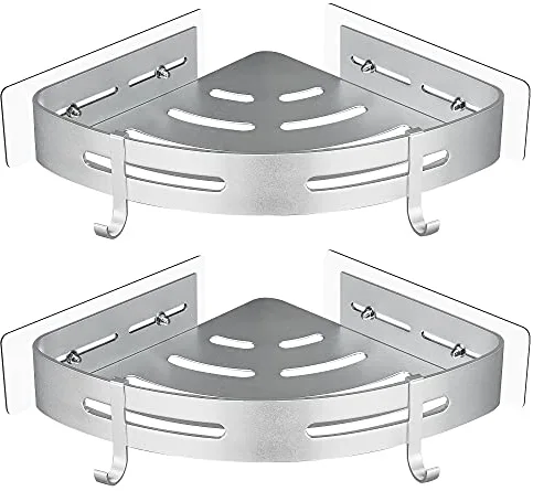 GRICOL Estante Ducha Sin Taladro Esquina Estanteria Baño con 4 Ganchos Metal Estantería Ducha Organizador Ducha 2 Piezas Plata