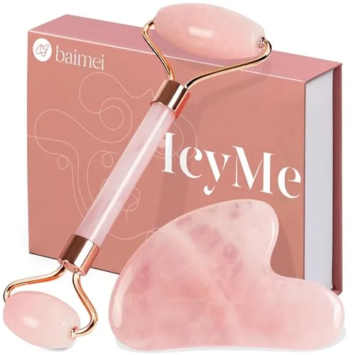 BAIMEI Gua Sha & Jade roller,cuarzo rosa GuaSha，masajeador facial gifts for women,Relajante de Los Músculos del Cuerpo, Mejora Las Bolsas de Los Ojos