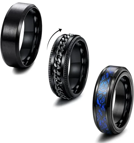 MILACOLATO 3 Anillos Hombre Negro Acero Inoxidable Fresco Cadena Torcida Anillo Ansiedad Dragón Celta Banda Anillo Spinner Abrebotellas De Cerveza Anillo Giratorio Fidget Ring 8mm Ancho