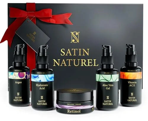 Satin Naturel Set de Regalo de Lujo para Mujer 5x30 ml – Gel de Aloe Vera, Aceite de Argán, Sérum Vitamina C, Sérum Ácido Hialurónico y Crema con Retinol – Cosmética Vegana – Edición Premium