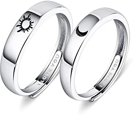 Beydodo 1 Par Anillo Pareja Ajustable Plata de Ley Redondo Grabado Luna Sol Anillos de Compromiso de Plata