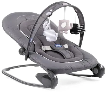 Chicco Hooplà Hamaca para Bebé de 0 Meses a 18 kg, Balancín y Silla de Bebés y Niños con Arco de Juegos, Respaldo Ajustable y Cojín Reductor, Compacta - Color Gris (Moon Grey)
