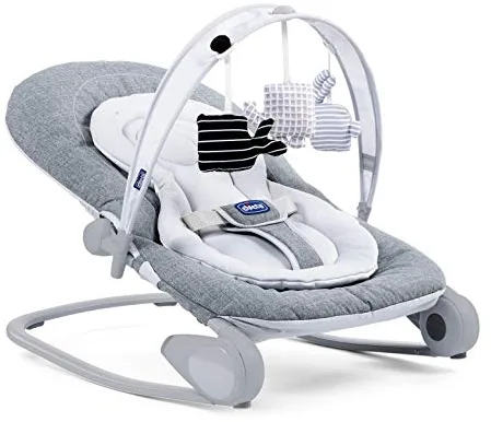 Chicco Hooplà Hamaca para Bebé de 0 Meses a 18 kg, Balancín y Silla de Bebés y Niños con Arco de Juegos, Respaldo Ajustable y Cojín Reductor, Compacta - Color Gris Vaquero (Titanium)