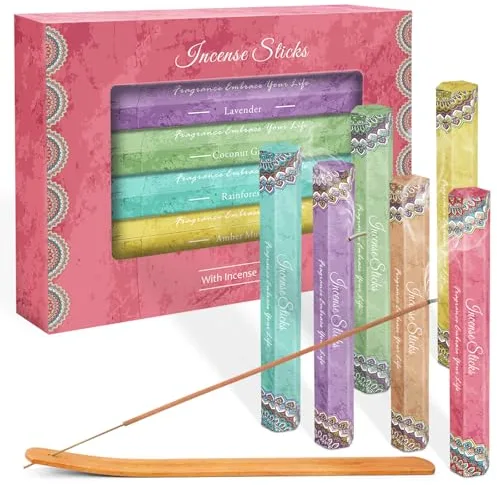 SCENTORINI Juego de Varillas de Incienso Perfumados Aromaterapia SPA Yoga, Adoración, Iglesia, Bodas, Reiki, Meditación, Curación, Terapia, Relajación, 6 Paquetes con un Quemador Cerámico