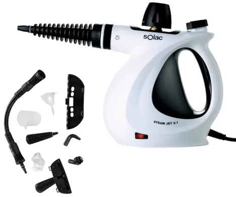Solac - Limpiador de Vapor a Mano LV1301, Vaporeta Portátil, Presión, 1050W, Depósito 350 ml, Cable 3m, Sin Químicos, Pistola Vapor Doméstica, Mango Ergonómico, 9 Accesorios, Ventanas, Blanco