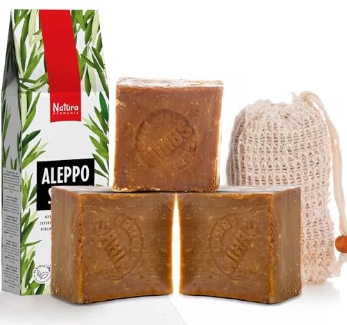 Natura Germania Jabón de Alepo 3x de aprox. 200 g (600 g) 100% Aceite de Oliva + Bolsa de Sisal para Jabón | Jabón para el Cabello, Jabón Natural, Jabón de Ducha | Hecho a Mano + Vegano