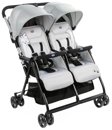 Chicco OHlalà - Cochecito doble doble doble de 0 meses a 15 kg, cochecito ligero reclinable y plegable, reposapiés ajustables, cubierta de lluvia y capota extensible Silver Cat, gris
