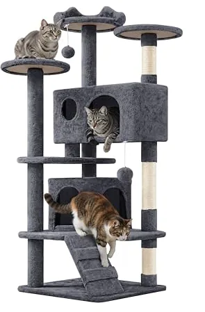 Yaheetech Árbol Rascador para Gatos 139cm con 3 Plataformas 2 Nidos 2 Pompones Torre de Escalador con Postes en Sisal Ideal para 3-4 Gatos Gris Oscuro