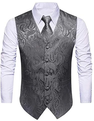 HISDERN Chaleco Hombre Vestir Gris Paisley Chaleco de Boda y Corbata y Pañuelo de Jacquard Chalecos Traje Hombre Elegantes de Fiesta L