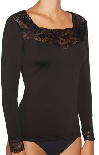 YSABEL MORA Camiseta Térmica para Mujer de Manga Larga y Detalle de Encaje. Ropa Térmica de Chica para Invierno y Frío Extremo. Térmico Interior para Deporte y Nieve. Color Negro. Talla M