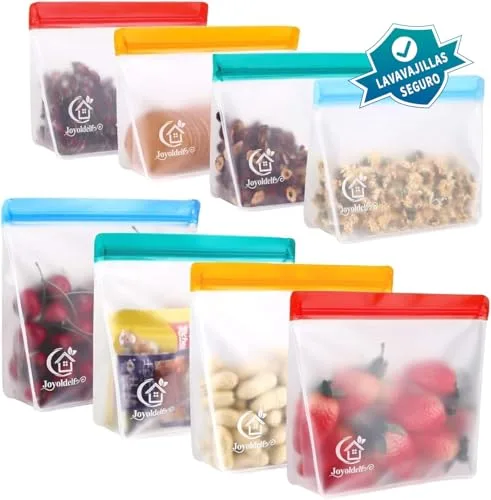 Joyoldelf Bolsas Silicona Reutilizables, 8PCS PEVA Bolsas de Silicona Reutilizables, Bolsas Verticales con, Bolsas Herméticas para Congeladores, Ideal para Fruta Verduras Carne Sándwich y Líquida