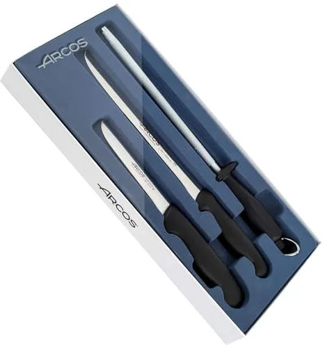 Arcos Set Jamonero 3 Piezas - Cuchillo Jamonero, Deshuesador, Chaira y Estuche - Acero Inoxidable NITRUM. Mango Ergonómico de Polipropileno Color Negro. Serie 2900
