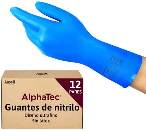 Ansell AlphaTec 37-310 Guantes de Nitrilo Reutilizables, Protección Química y Seguridad Alimentaria, Guantes de Trabajo Multiusos, Cocina y Limpieza del Hogar, Azul, Talla L (12 Pares)