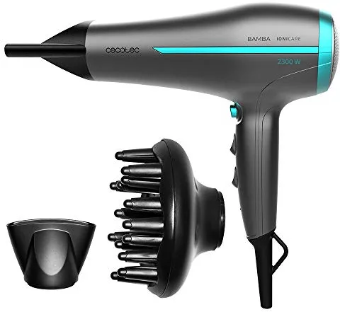 Cecotec Secador de Pelo Iónico Bamba IoniCare 5200 Aura Black. 2300W, Concentrador y Difusor, Cabello Sin Encrespamiento, Motor DC, Ion Real, Gran Caudal de Aire, 2 Velocidades y 3 Temperaturas