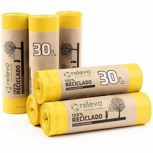 Relevo Bolsas de Basura Amarillas con Autocierre – 30L (Ancho 55 cm x Alto 60 cm), 90 Bolsas (6 Rollos × 15 Bolsas) | Bolsas de Basura Extra Fuertes | 100% LDPE Reciclado | Certificado Blue Angel