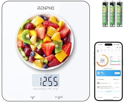RENPHO Bascula Cocina, Báscula Inteligente para Alimentos con App Calculadora Nutricional, Peso de Cocina para Hornear y Cocinar, Función de Tara, Peso Hasta 5 kg (1g Exacto)