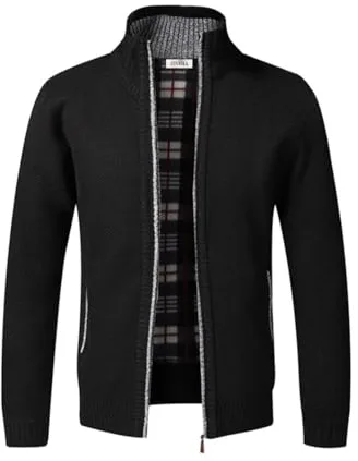 Cárdigan de Punto para Hombre, suéter Grueso con Cremallera Completa y Cuello Alto, cálido suéter con Forro Polar para Invierno(Black L)