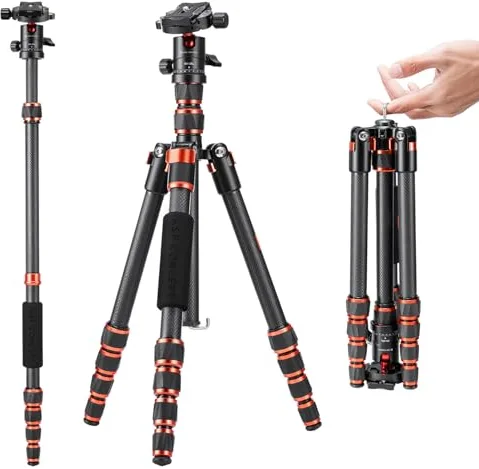 K&F CONCEPT Trípode de Cámara Carbono de Viaje Ligero, Trípode Fotografía Compacto con Monopié, 360° Rótula de Bola y Placa de Liberación para Cámara DSLR A225C0+BH-25L