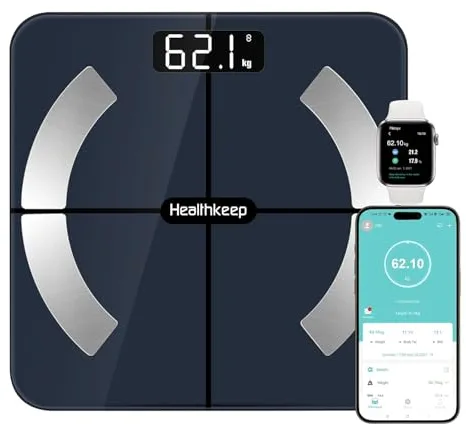 Báscula Grasa Corporal Báscula de Baño Wireless Báscula Baño Digital Analizar Más de 13 Funciones, Monitores de Composición Corporal Máximo 180kg para Andriod y ios, Vidrio templado, Negro