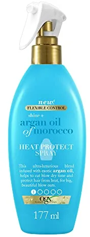 OGX Shine + Argan Oil of Morocco Spray Heat Protect (177 ml) protector térmico para el pelo con Aceite de argán de Marruecos, protector de calor hasta 230 °C, tratamiento hidratante para el cabello