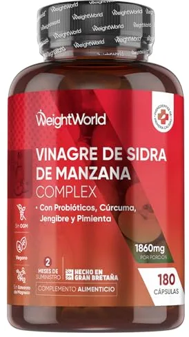 Vinagre de Sidra de Manzana con la Madre 1860 mg - 180 Cápsulas con Probióticos, Cúrcuma, Jengibre y Pimienta de Cayena - Suplemento para 2 Meses de Suministro - Sin Lactosa y Apto para Veganos