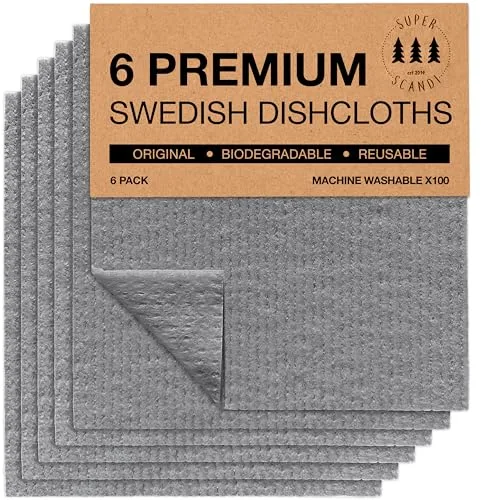 SUPERSCANDI 6 Piezas Paños de Cocina - 100% Biodegradables y Compostables | Trapos de Cocina Reutilizables, Aptos para Alimentos y Sin Plástico | Bayetas para Todas Las Superficies, Gris