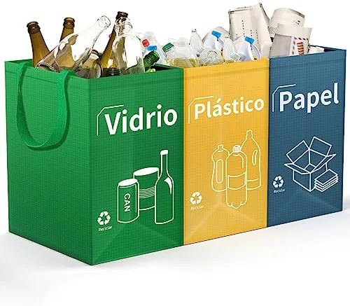 Opret Bolsas Basura Reciclaje 3 Piezas, Cubos de Basura de Reciclaje Colores con Gran Capacidad 40L Separadas con Asas, para Papelera/Vidrio/Plástico/Casa/Cocina