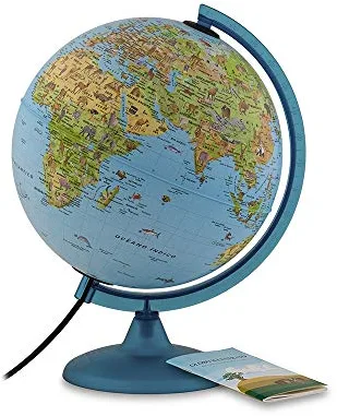 Tecnodidattica - Globo Terráqueo Safari para Niños y Adolescentes | Iluminado y giratorio | Cartografía ilustrada y folleto con Información | Meridiano graduado | Texto en Español | Diámetro 25 cm
