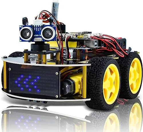 KEYESTUDIO Kit de Coche Robot Inteligente Compatible con Arduino IDE con Módulo de Seguimiento de Línea, Sensor Ultrasónico, Módulo IR, Kit Robótico Educativo STEM2 para entusiastas de la programación
